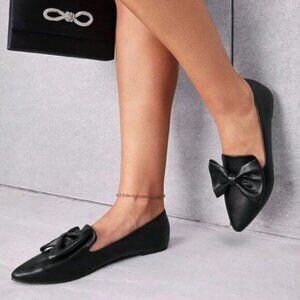 Pazzion Black Pointed Toe Ballet Flats Bows Slip On Pumps Comfortable Dance Shoe